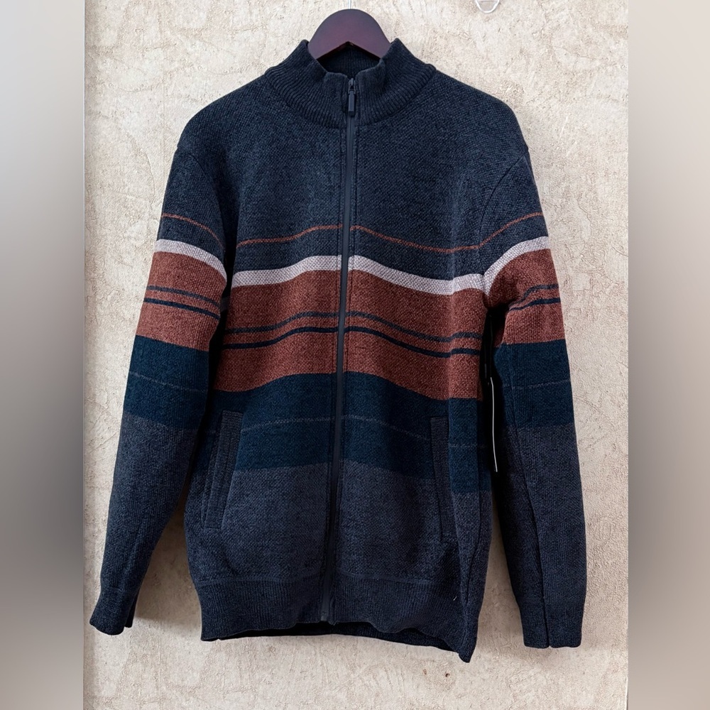 Six Lincoln Men's Striped Full-Zip Sweater - Black, Brown, and Gray